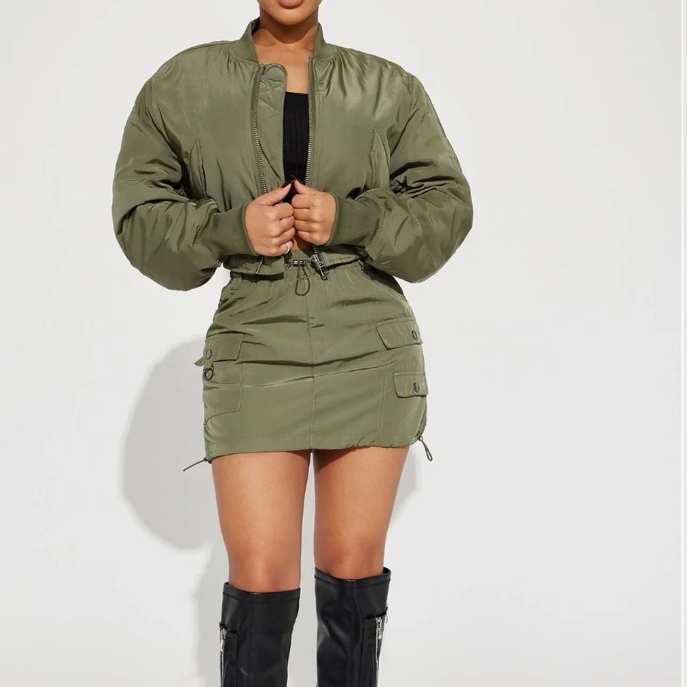 Fashion Nova Olive Green Got to Get Away Bomber Skirt Set - Picture 9 of 11